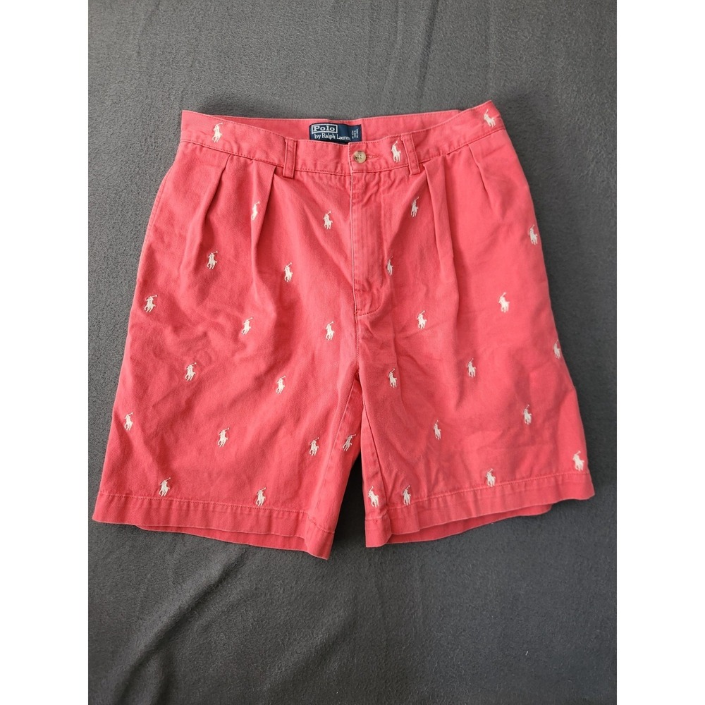 Polo Ralph Lauren Tyler Shorts Men Sz 32 All Over Pony Logo Embroidered Pleated - Picture 1 of 9